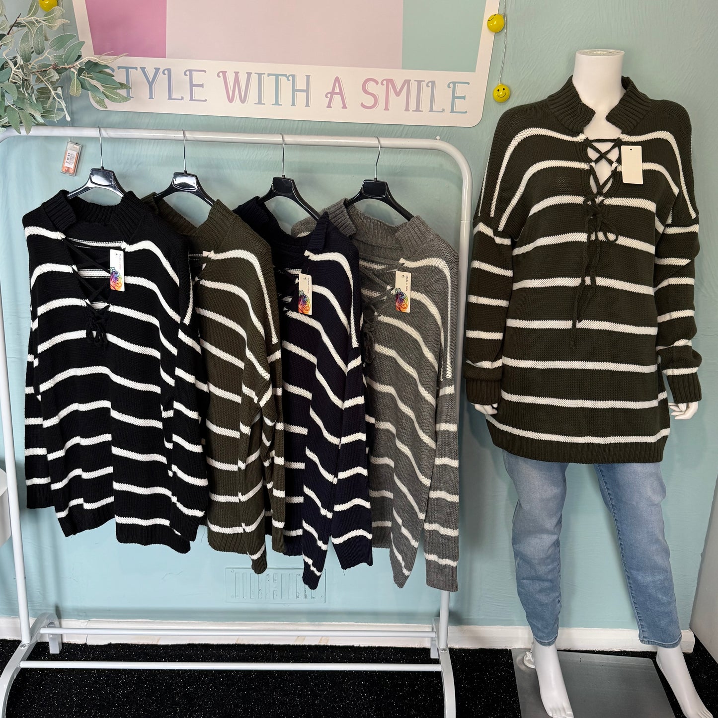 Savannah - Oversized Collar Striped Knitted Jumper - one size up to a UK 20.