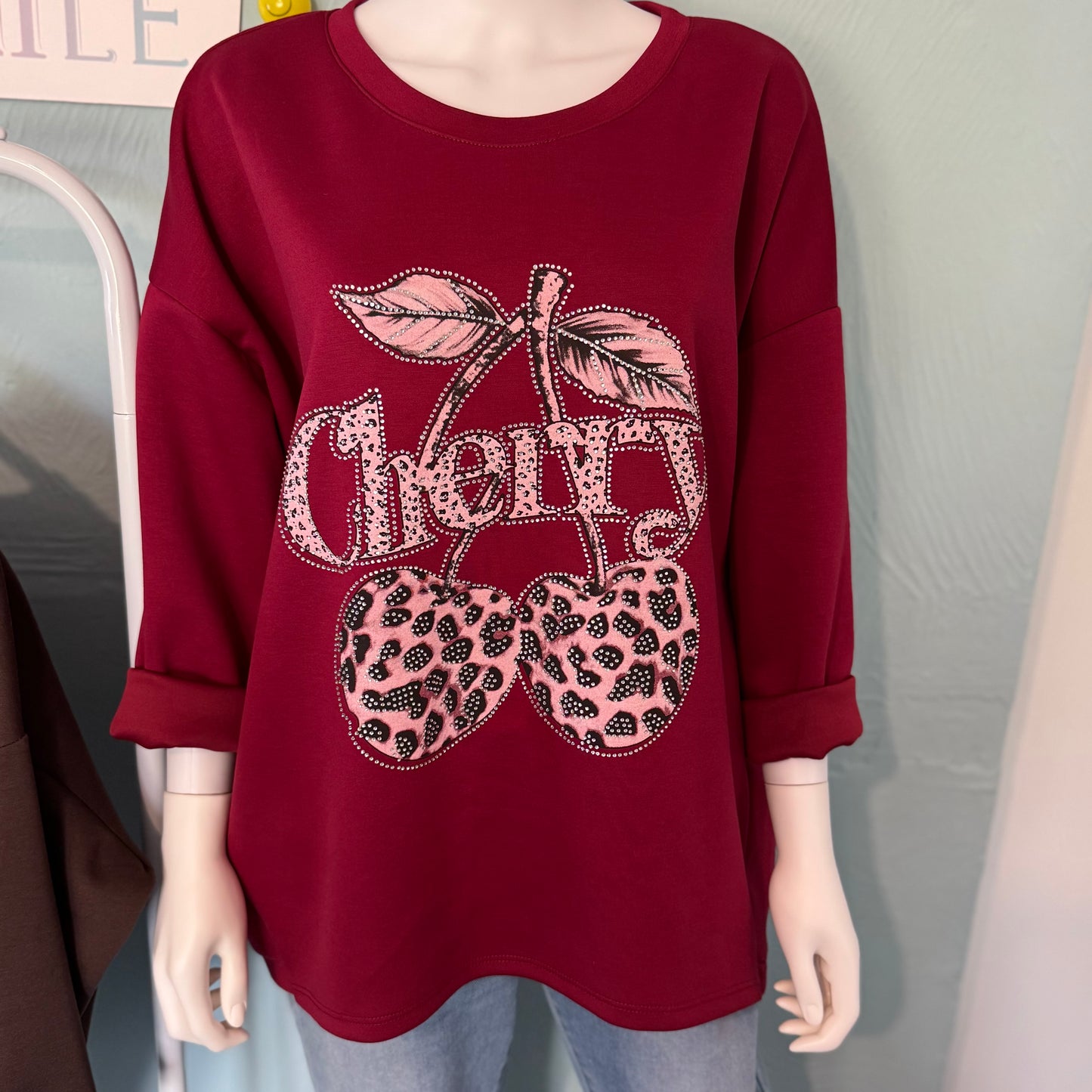 Olive - Diamanté Cherry Soft Touch Sweatshirt - up to a UK 18.