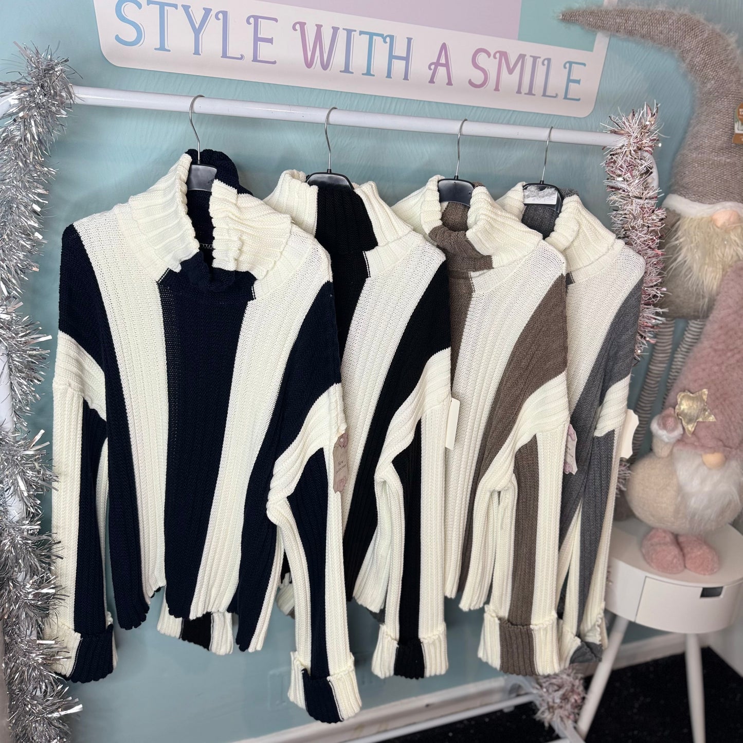 Melly - Roll Neck Vertical Stripe Jumper With Chunky Sleeves -  Womenswear Knitwear.