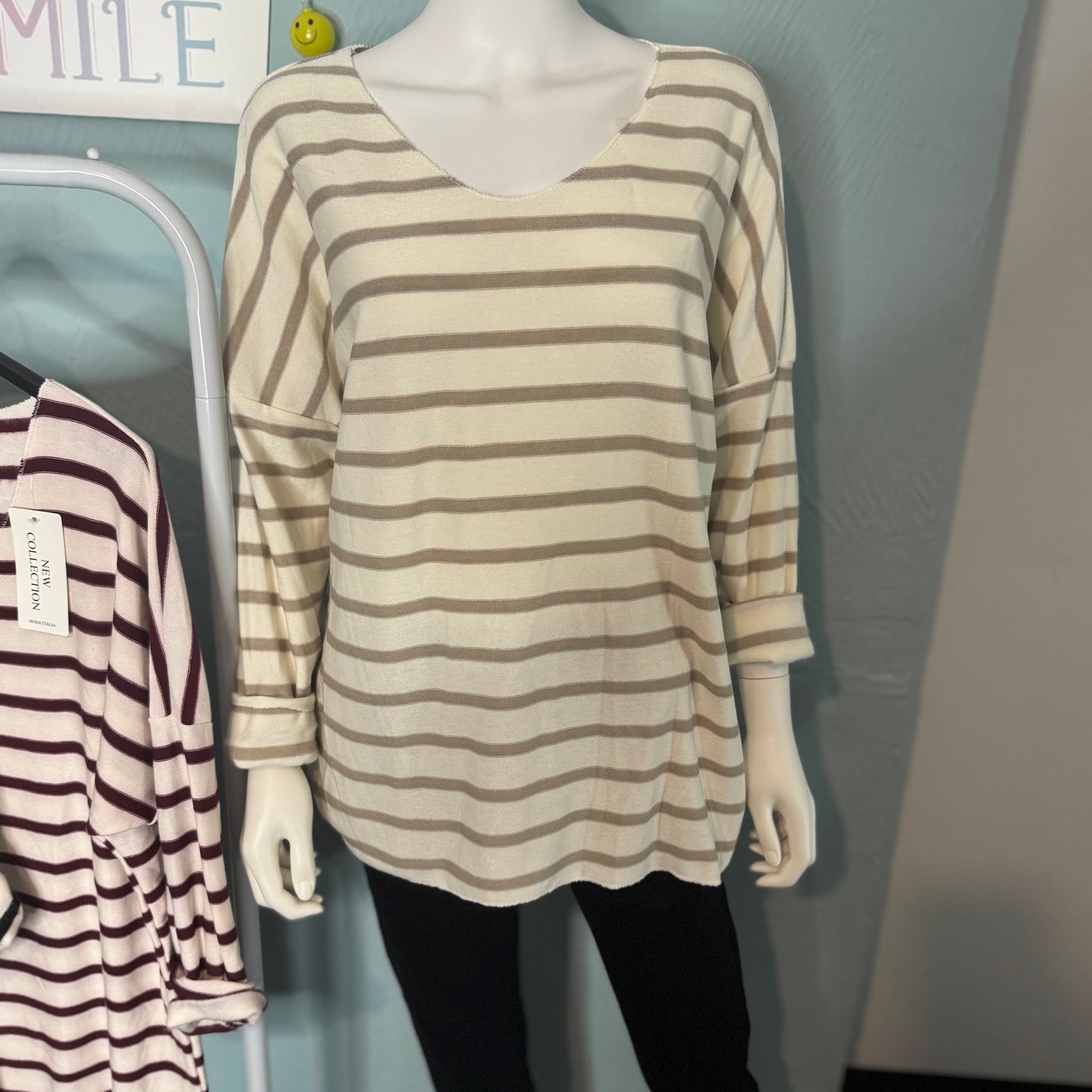 Callie - Stripe V Neck Fine KnIt fleeced lined Jumper - up to a UK 18