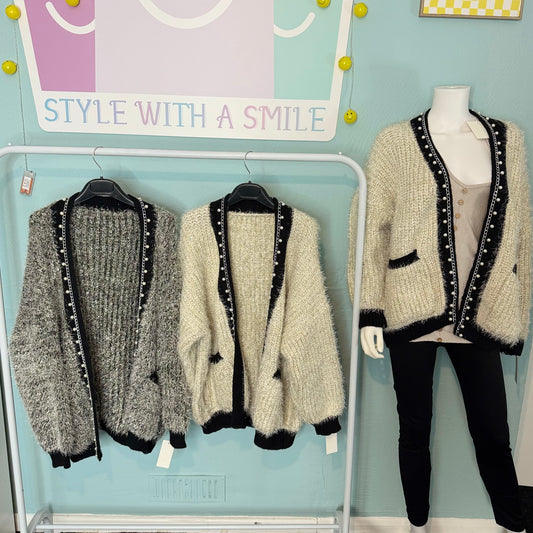Buffy - Premium - Lurex Fuzzy Knit Pearl Cardigan -  Womenswear Long Sleeve