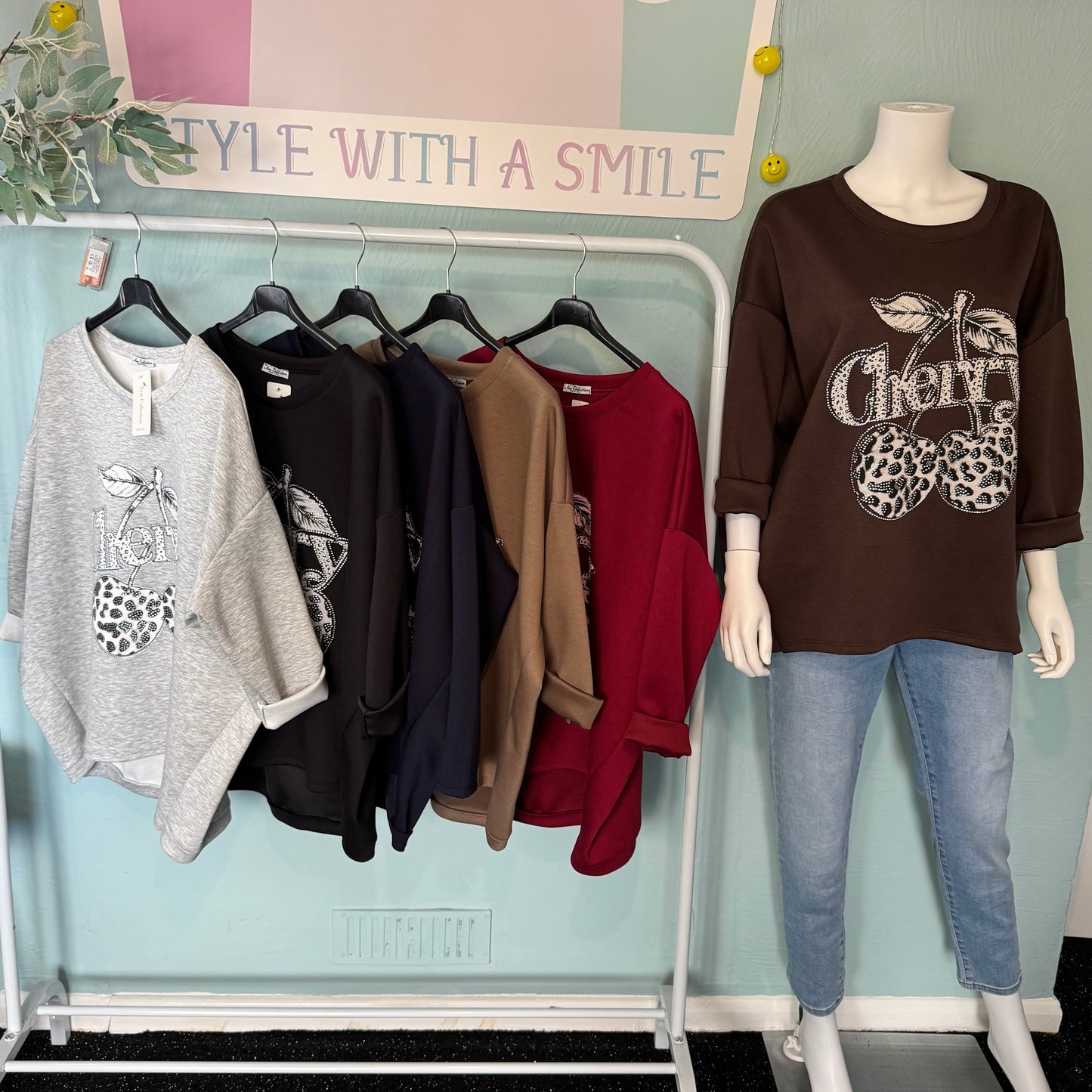 Olive - Diamanté Cherry Soft Touch Sweatshirt - up to a UK 18.