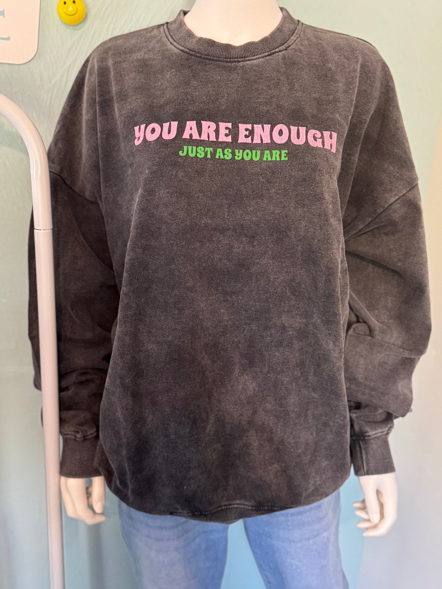 Tara - Acid Wash Oversized “You are enough” Floral Sweatshirt - up to a UK 18 -  Womenswear  Hoodie Cotton