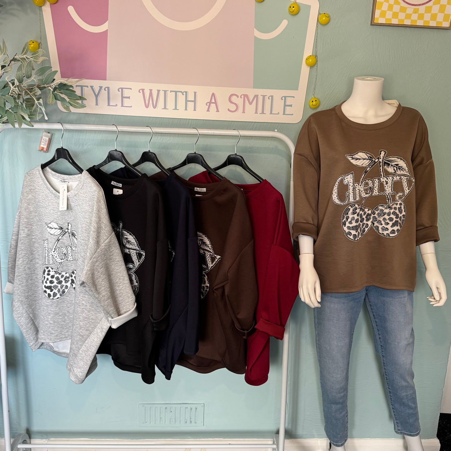 Olive - Diamanté Cherry Soft Touch Sweatshirt - up to a UK 18.