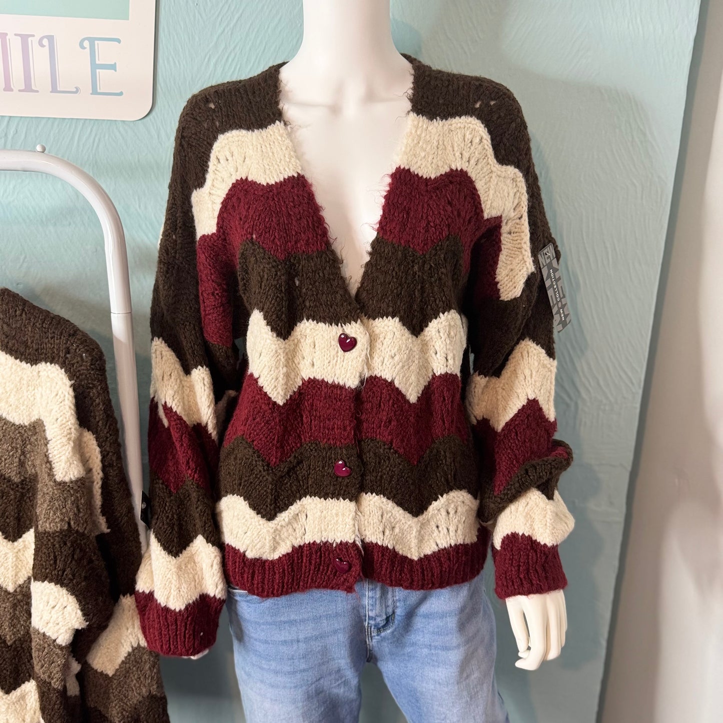 Susie - Heart Button Zigzag Stripe Cardigan - Womenswear Knitwear.