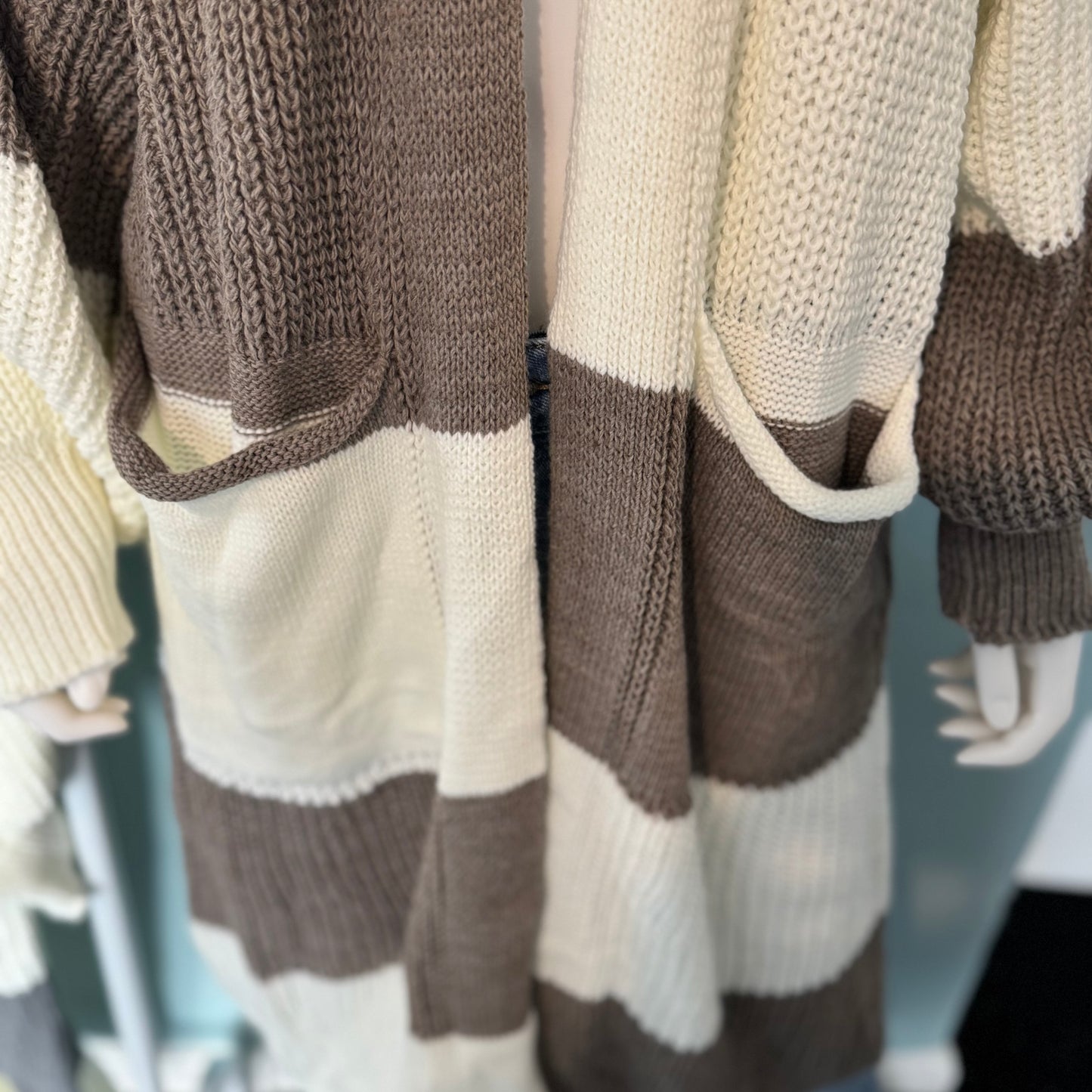 Sandy - Colour Block Long Line Balloon Sleeve Cardigan With Pockets - up to a Uk 24