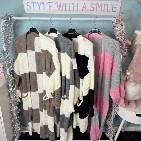 Sandy - Colour Block Long Line Balloon Sleeve Cardigan With Pockets - up to a Uk 24