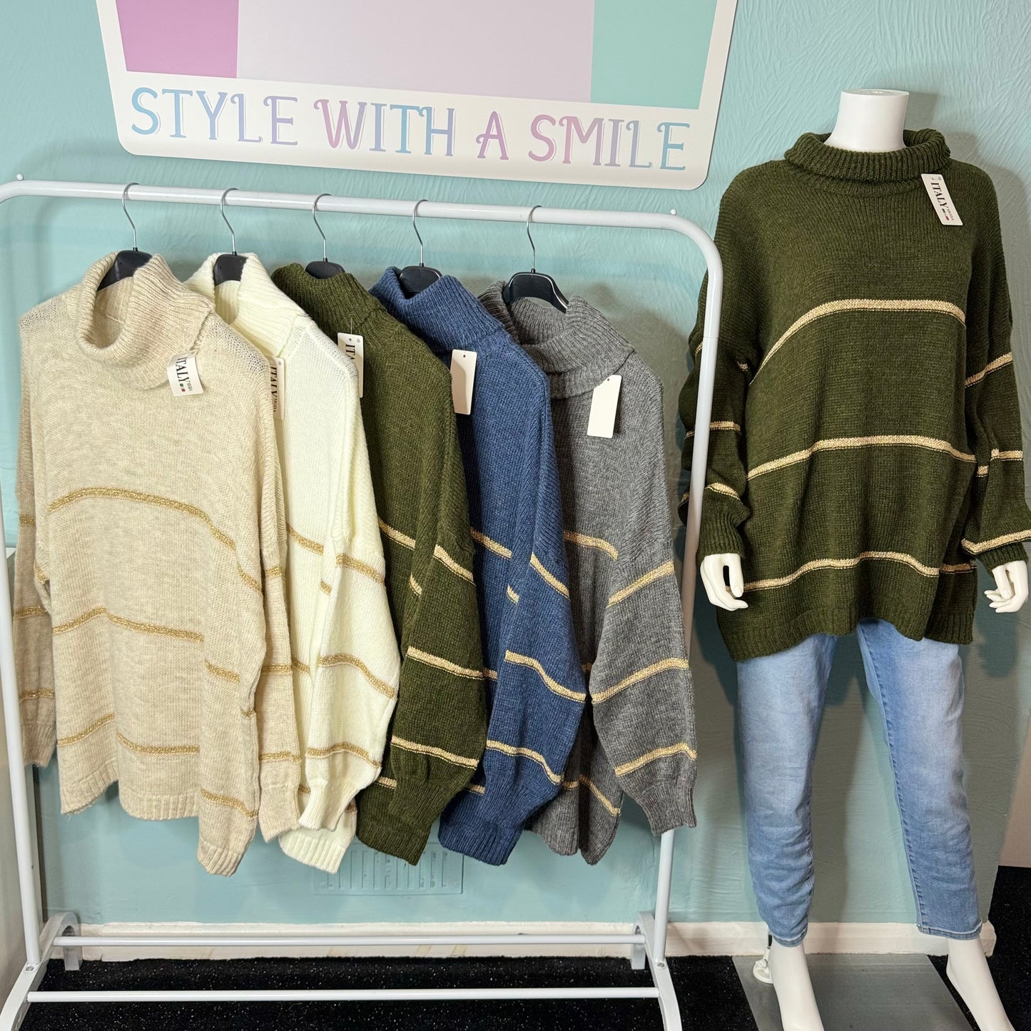 Shelley - Roll Neck Lurex Stripe Oversized Jumper -  Womenswear Knitwear.