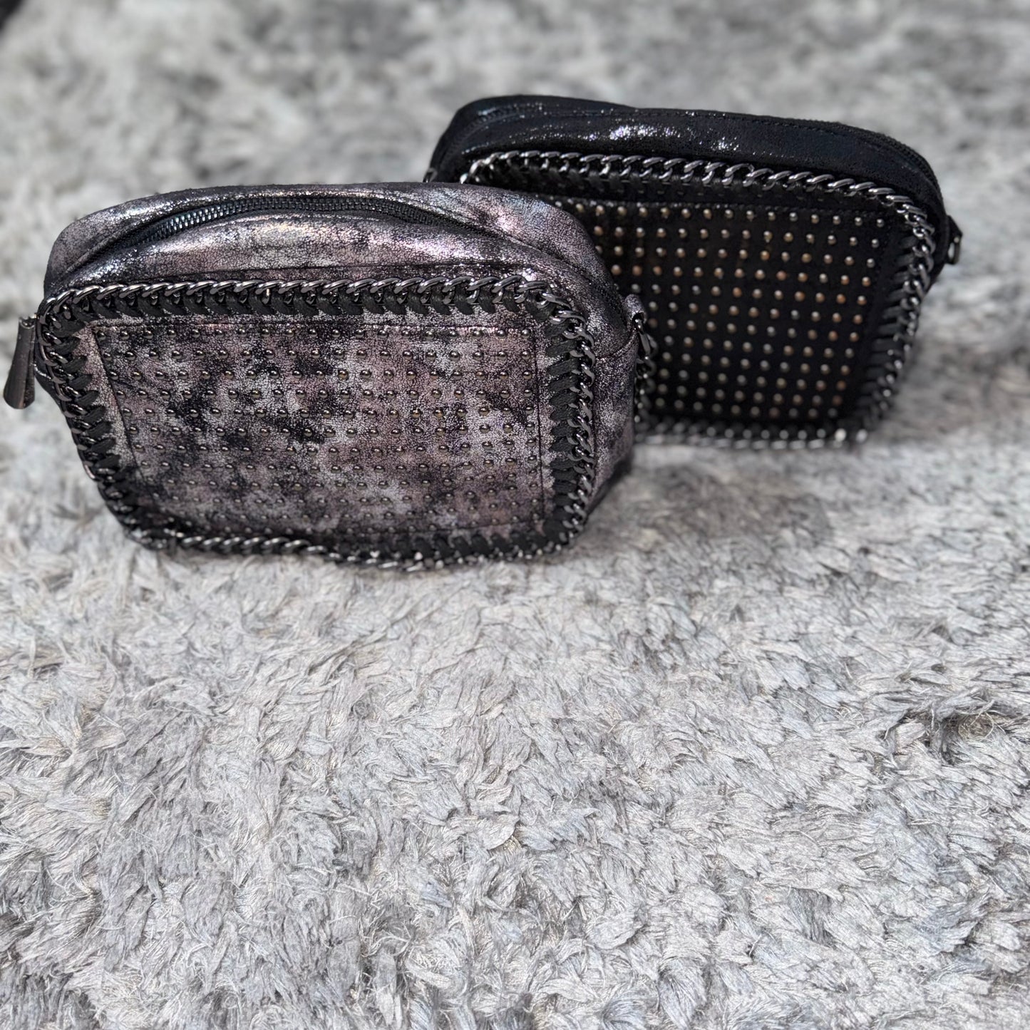 Studded Chain Shimmer Crossover Body Bag with Chain Strap.