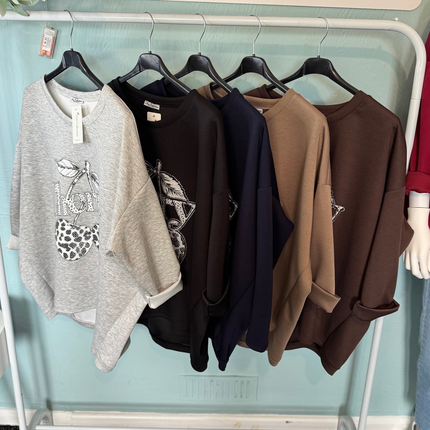 Olive - Diamanté Cherry Soft Touch Sweatshirt - up to a UK 18.