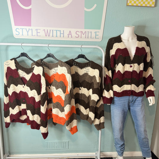 Susie - Heart Button Zigzag Stripe Cardigan - Womenswear Knitwear.