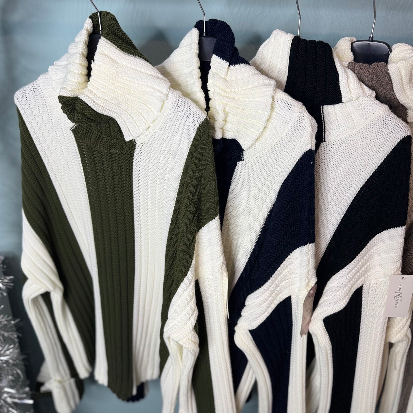 Melly - Roll Neck Vertical Stripe Jumper With Chunky Sleeves -  Womenswear Knitwear.