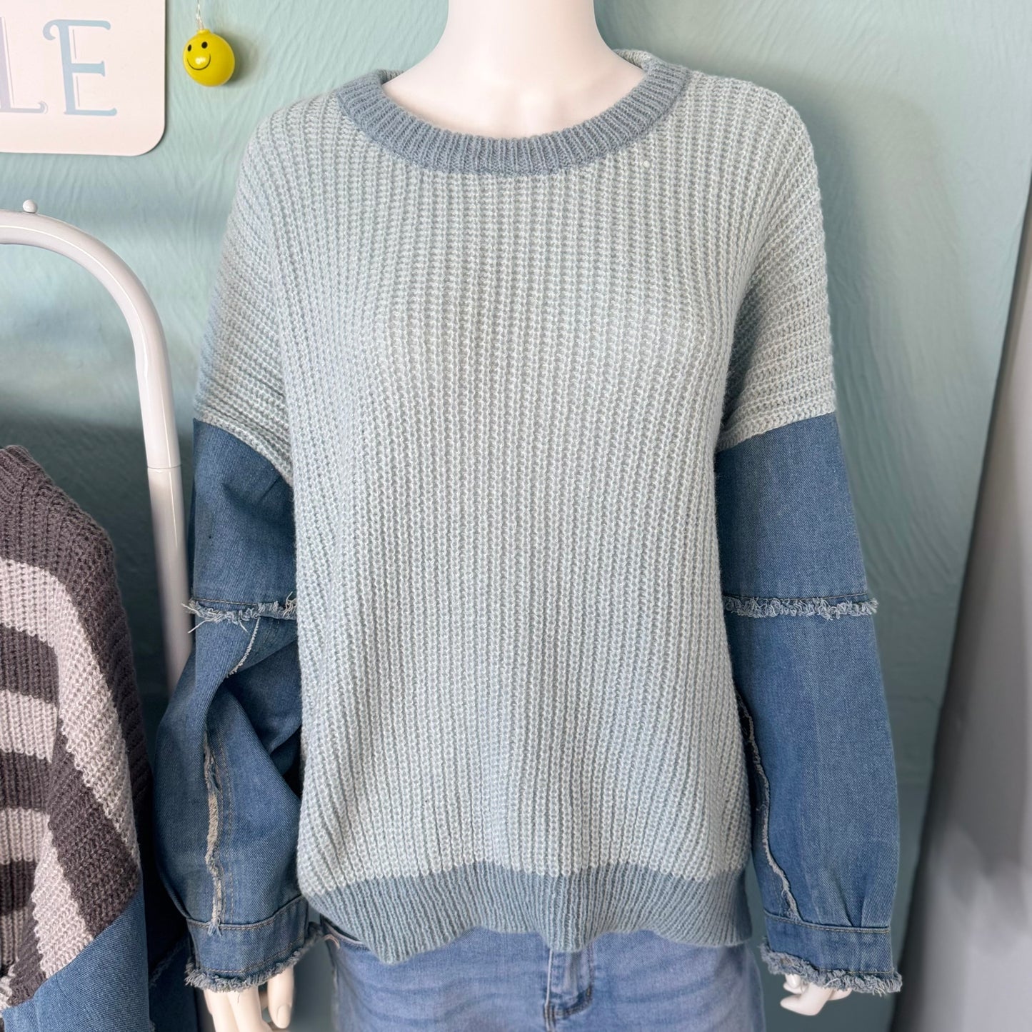 Gianna- Knitted Jumper With Denim Sleeves - Womenswear Knitwear.