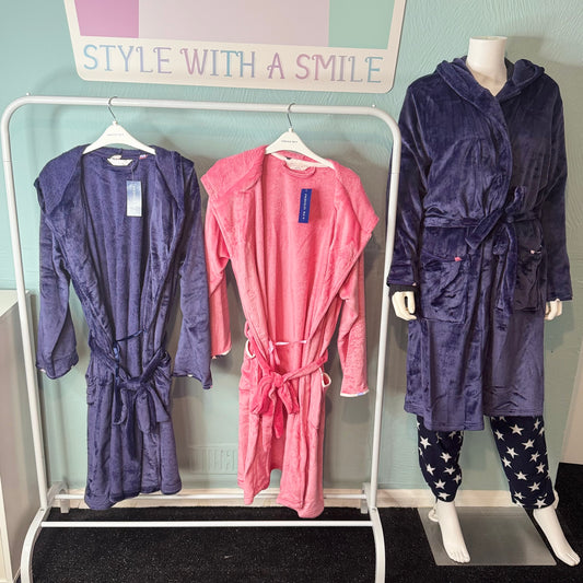 Ladies Super Soft Fleece Hooded Dressing Gown -  Womenswear Nightwear.