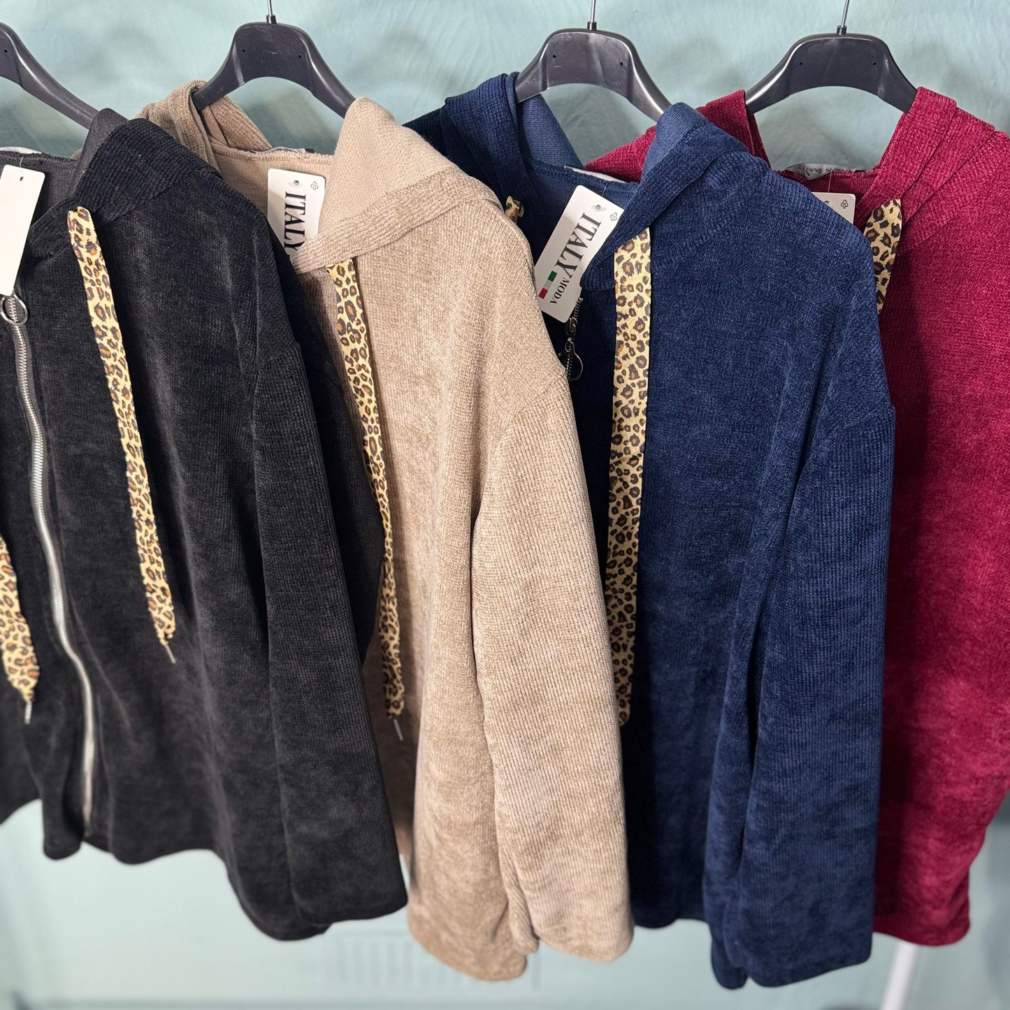 Edith - Chenille Cord Leo Drawstring Zip Hoodie-  Womenswear Long Sleeve.