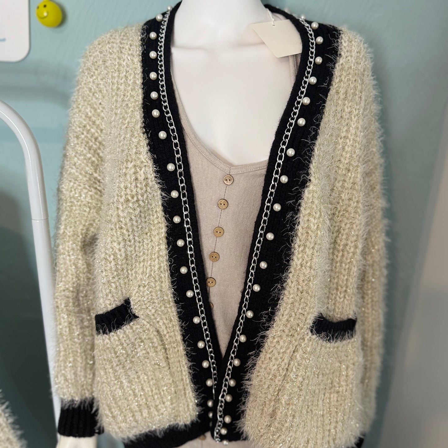 Buffy - Premium - Lurex Fuzzy Knit Pearl Cardigan -  Womenswear Long Sleeve
