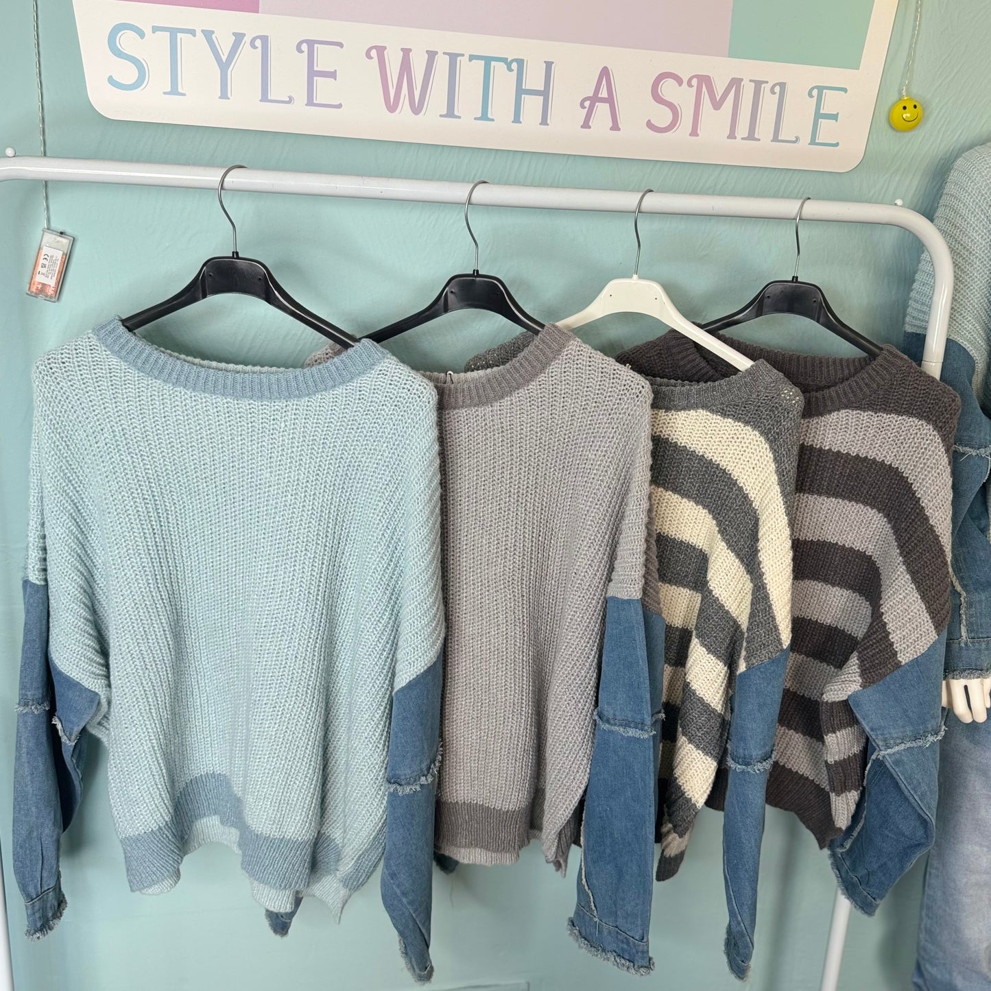 Gianna- Knitted Jumper With Denim Sleeves - Womenswear Knitwear.