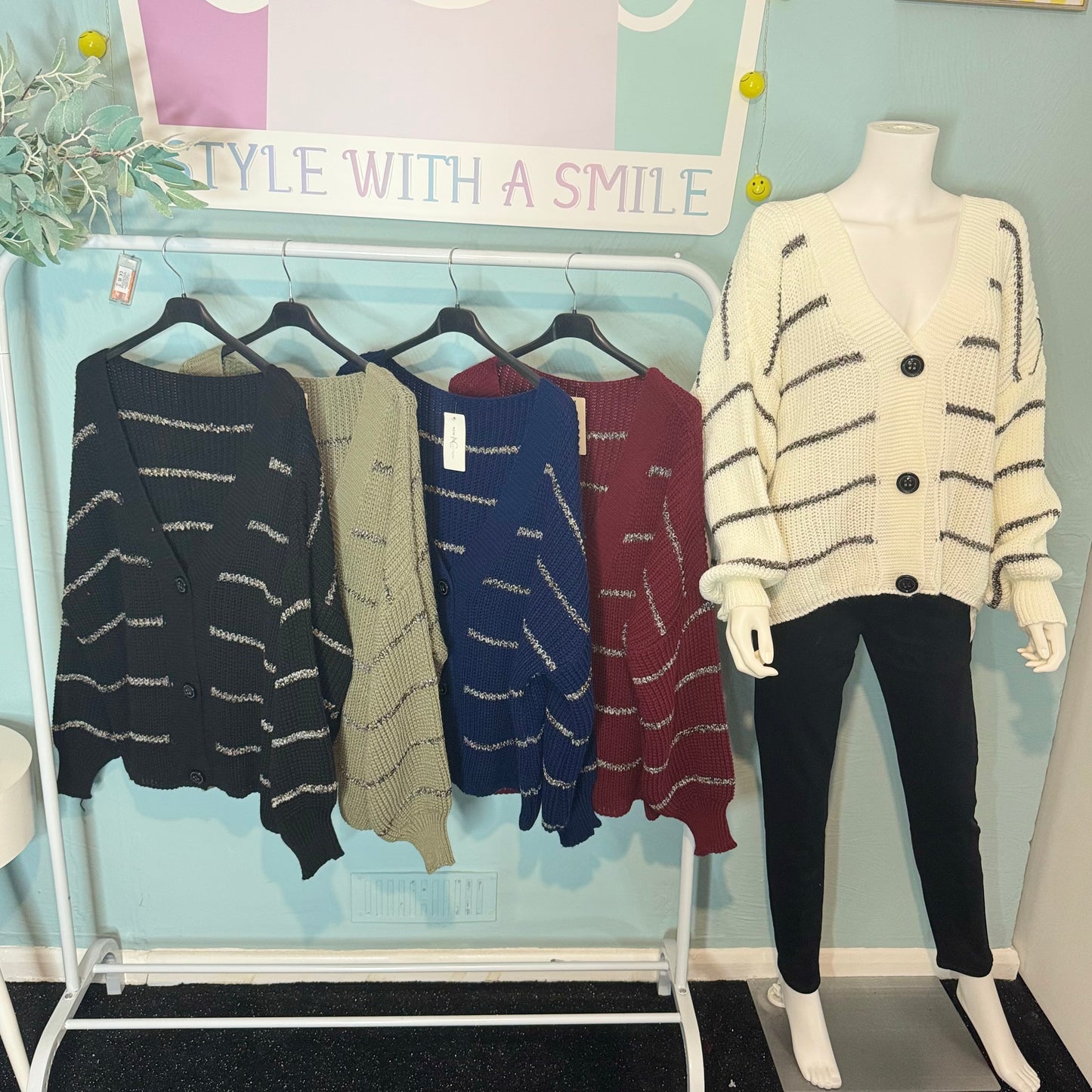 Kirsty - Stripe Lurex glitter Chunky Button Cardigan - up to a size 24!