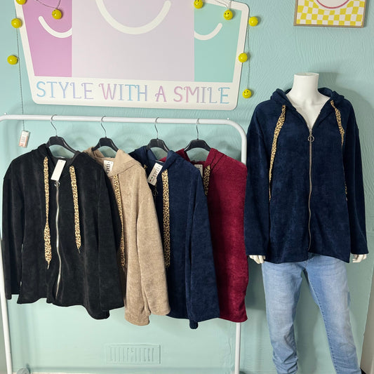 Edith - Chenille Cord Leo Drawstring Zip Hoodie-  Womenswear Long Sleeve.