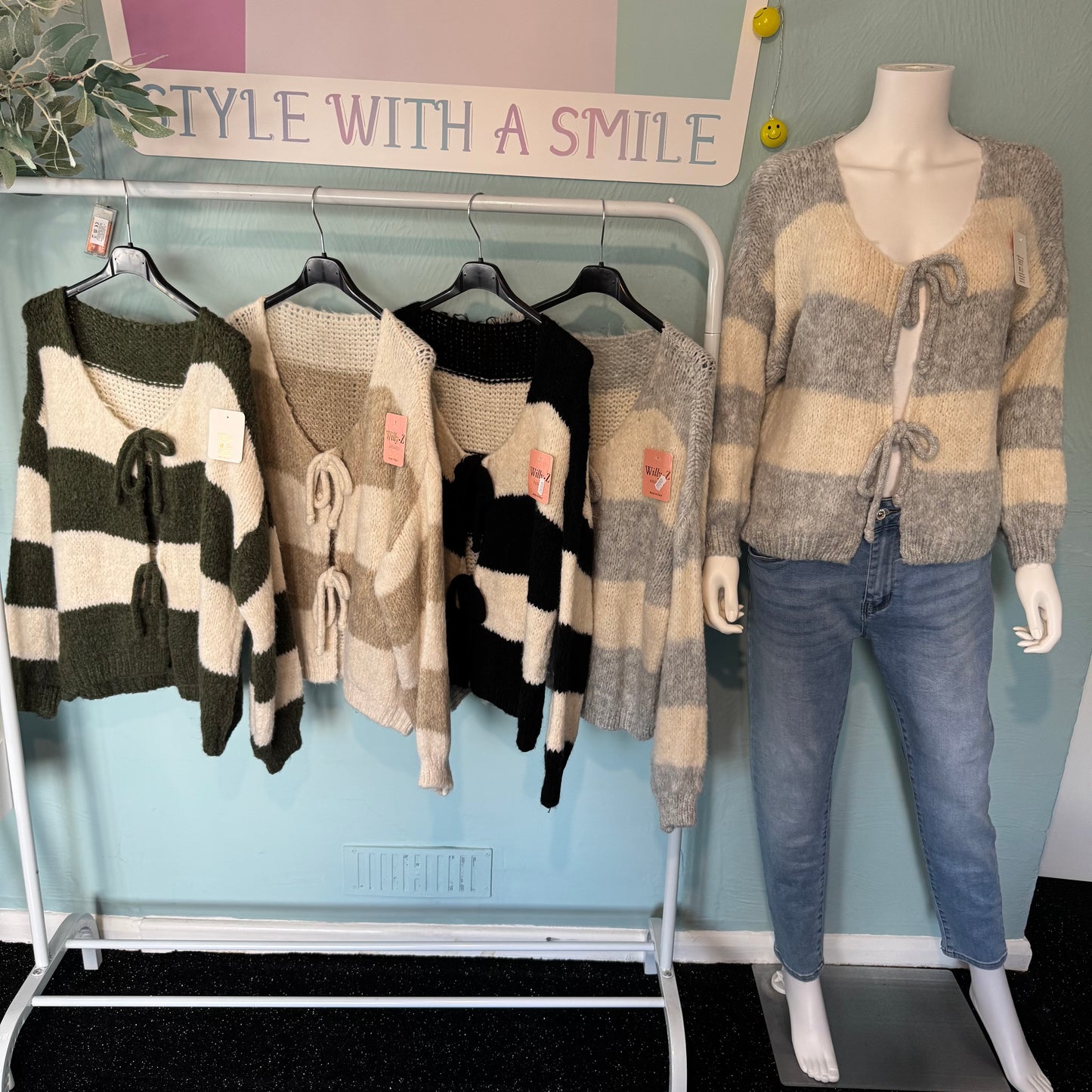 Belle - Striped Tie Bow Cardigan - Size up to a UK 18.  Knitwear Womenswear