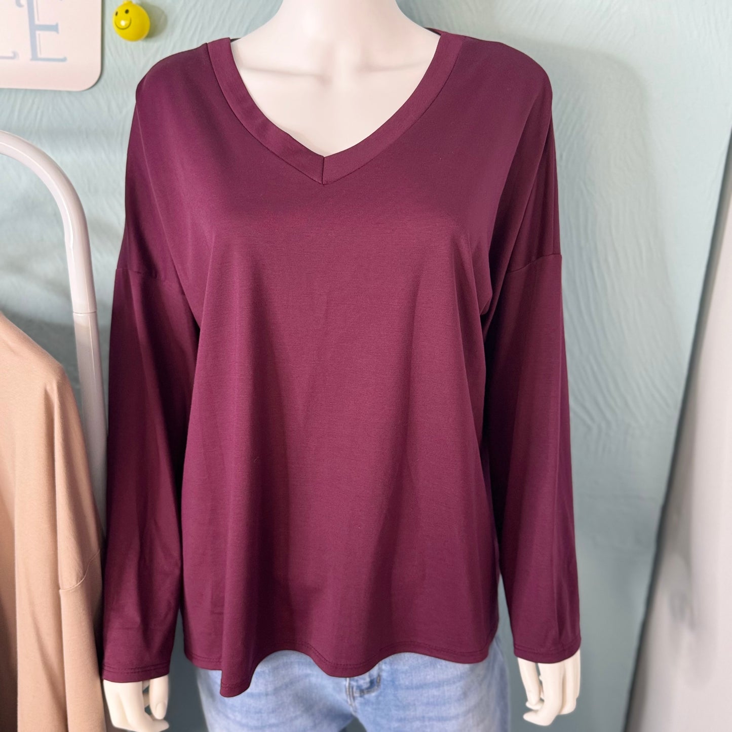 Amara - Long Sleeve V Neck Basic Top -  Womenswear.