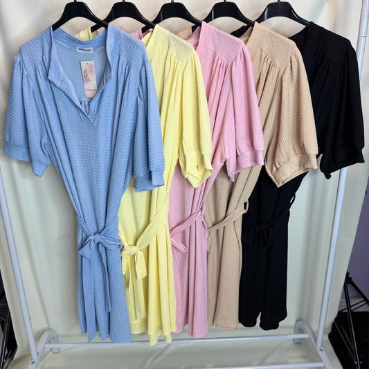 Trinity - Waffle Style Midi Dress With Tie and Bubble Sleeves