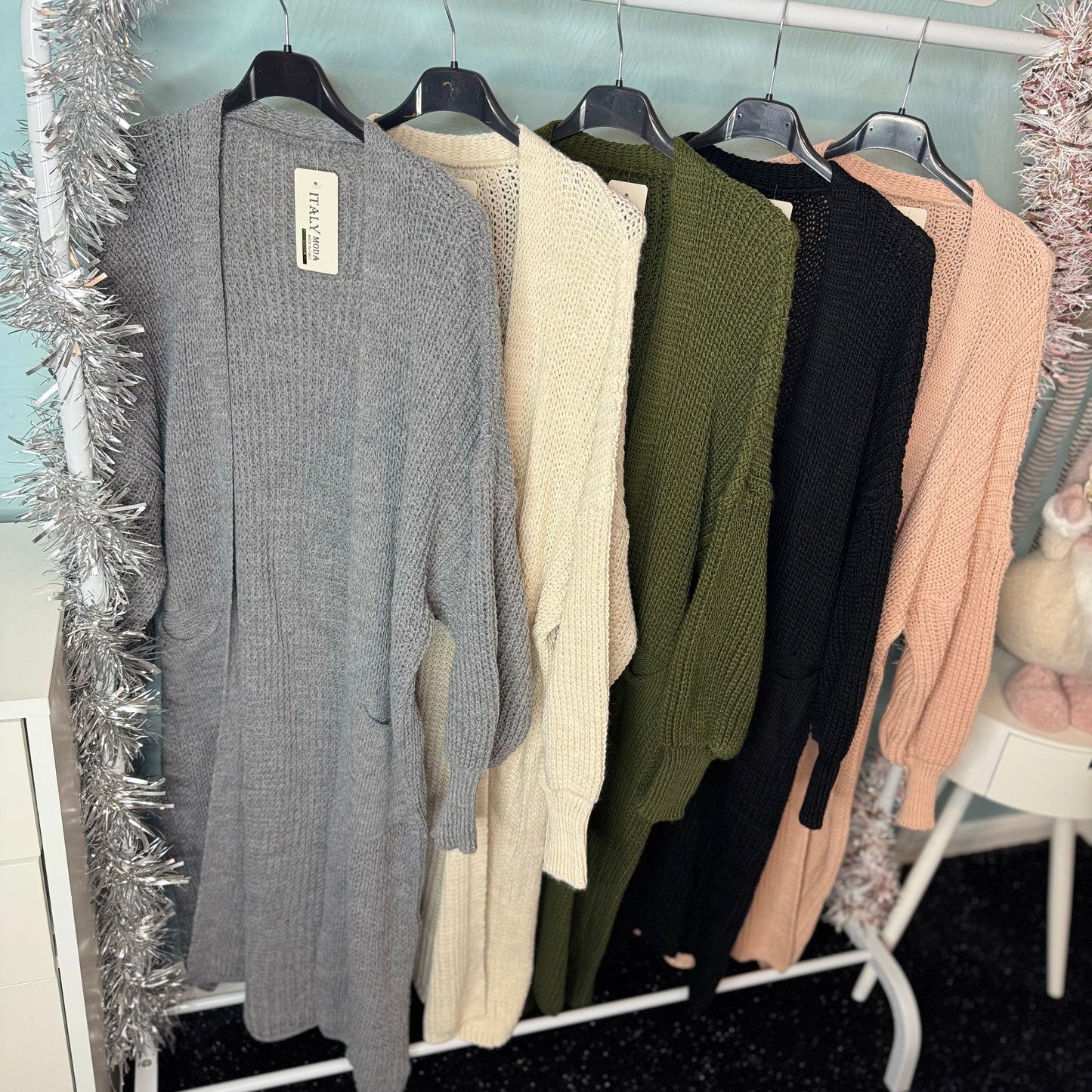 Perla - Longline Balloon Sleeve Cardigan With Pockets -  Womenswear Knitwear.