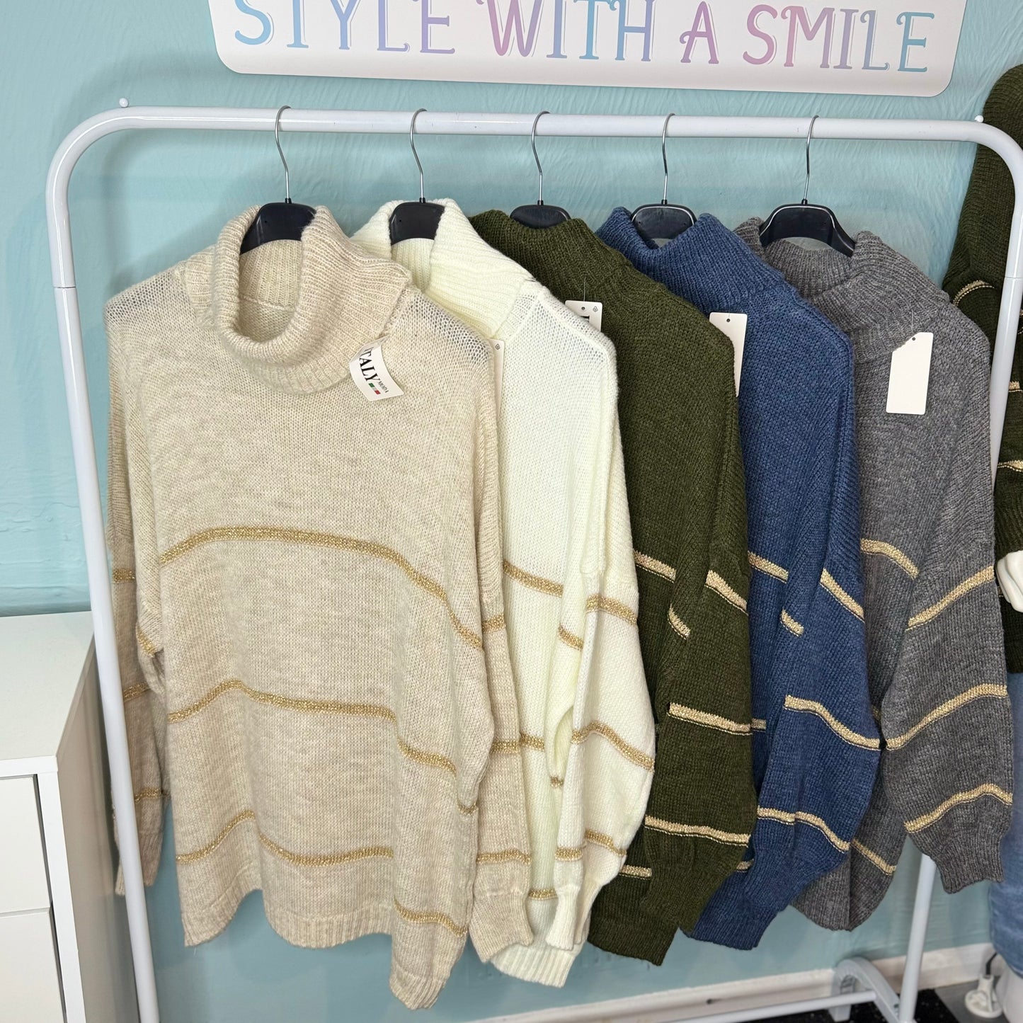 Shelley - Roll Neck Lurex Stripe Oversized Jumper -  Womenswear Knitwear.