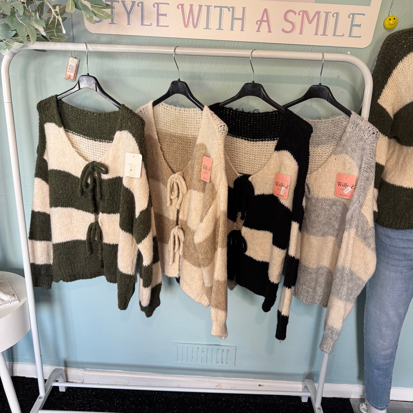 Belle - Striped Tie Bow Cardigan - Size up to a UK 18.  Knitwear Womenswear