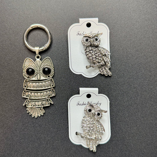 Assorted Broaches & Key Rings - Silver Owl Design Keychain & Brooch Set for Fashion Accessories