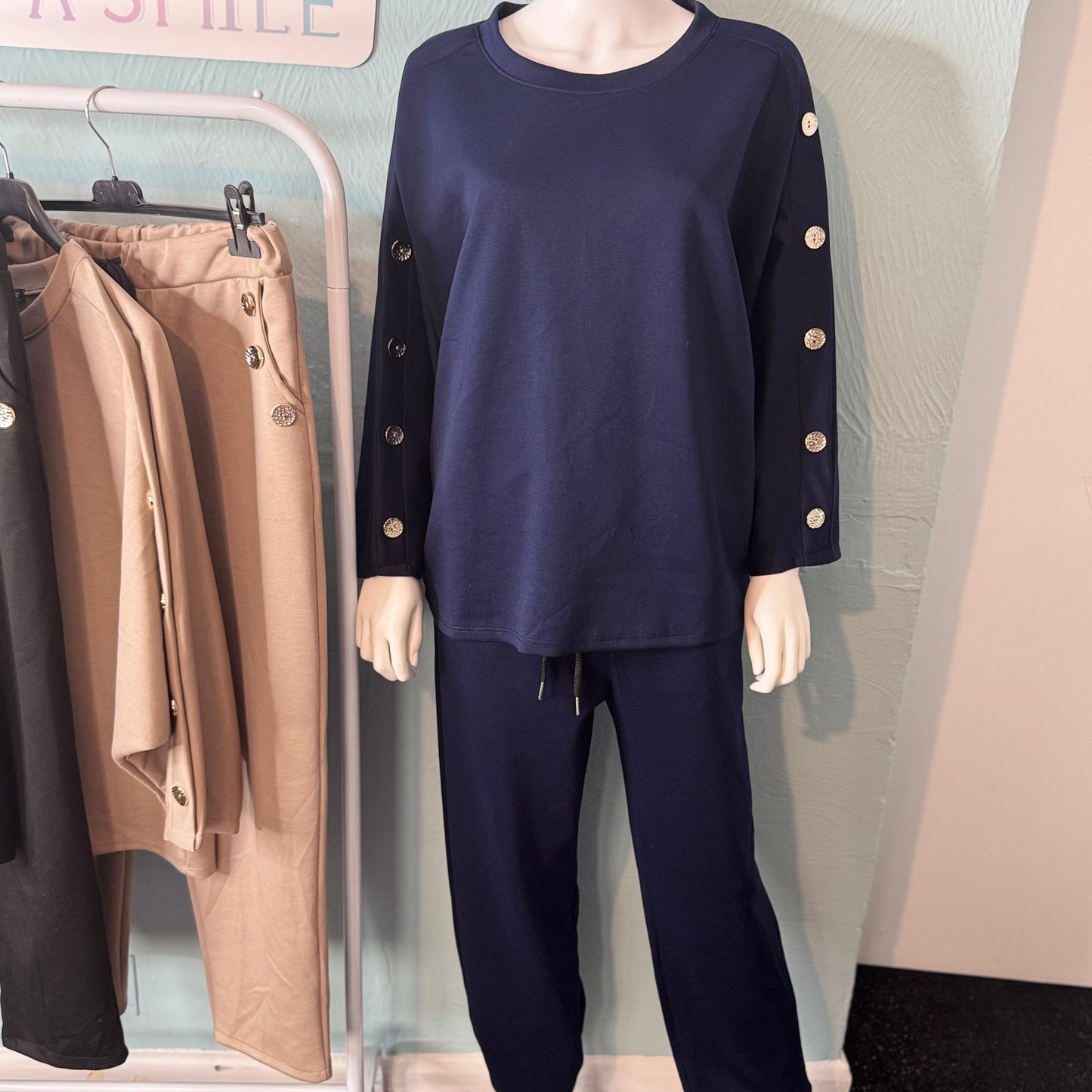 Olga - Hammered Button Detailing Lounge Set -  Womenswear Basic Long Sleeve.