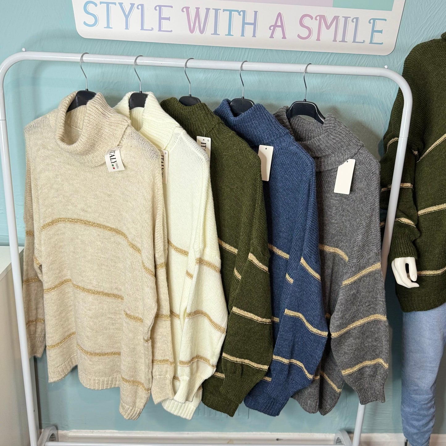 Shelley - Roll Neck Lurex Stripe Oversized Jumper -  Womenswear Knitwear.