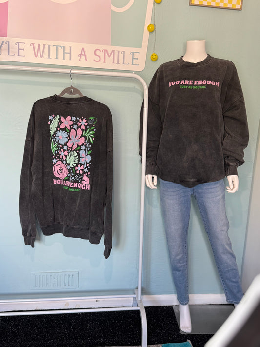 Tara - Acid Wash Oversized “You are enough” Floral Sweatshirt - up to a UK 18 -  Womenswear  Hoodie Cotton