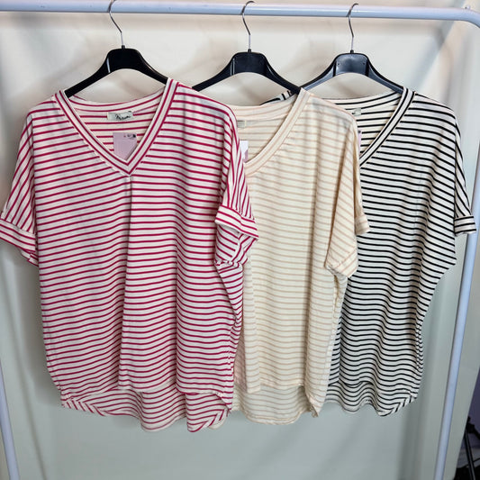 Sasha - V Neck Basic Stripe Tee