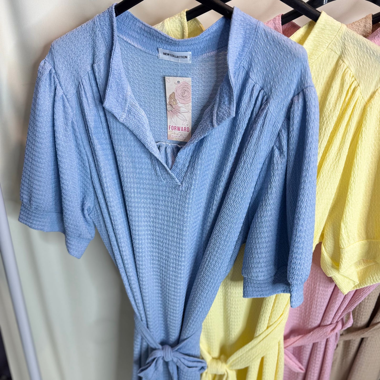 Trinity - Waffle Style Midi Dress With Tie and Bubble Sleeves