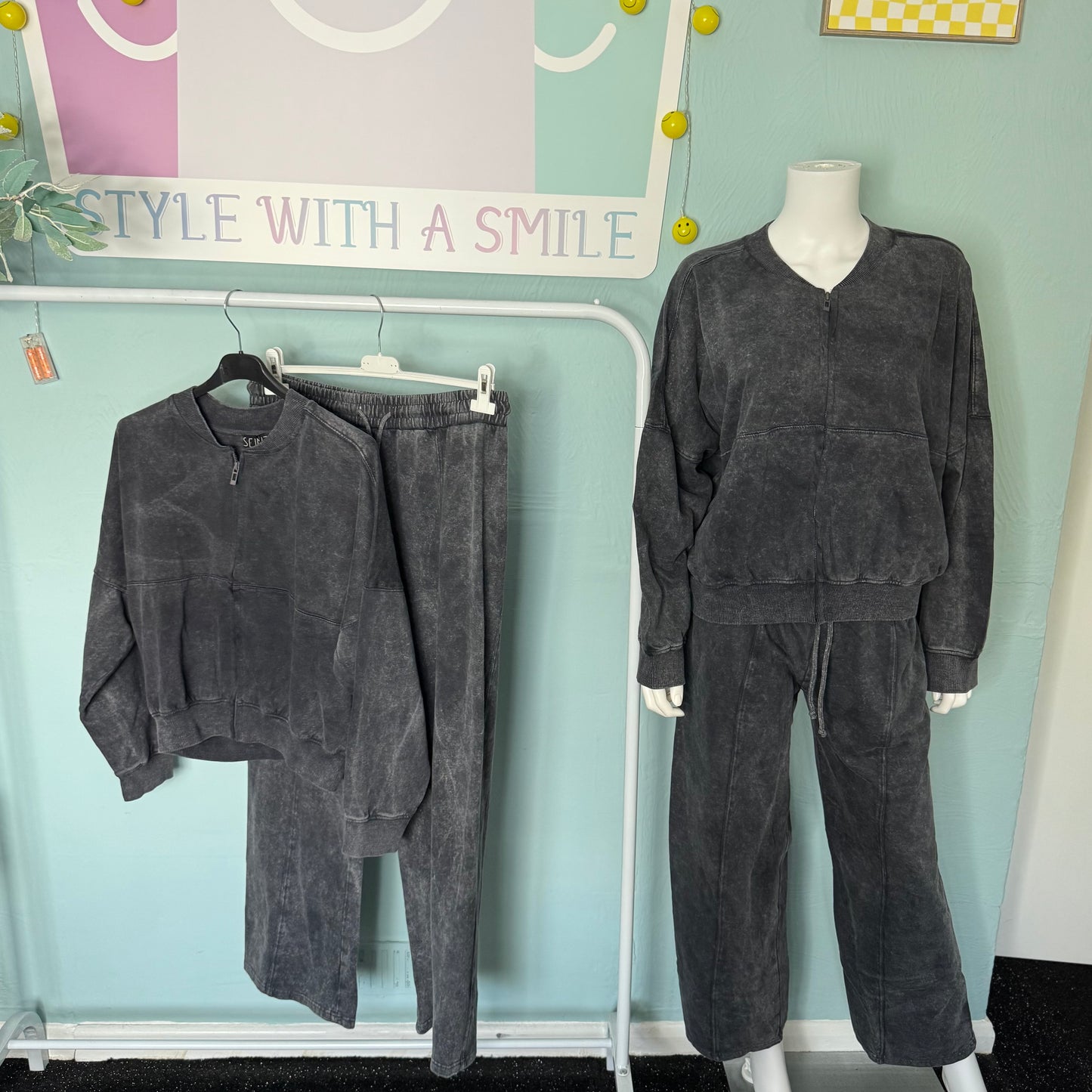 Rosie - Acid Wash Bomber Style Lounge Set - Womenswear.