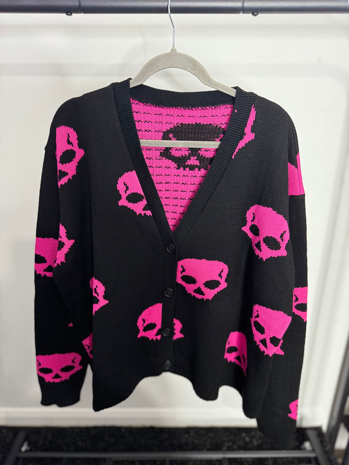 Cleo - Black & Pink Skull Buttoned Cardigan