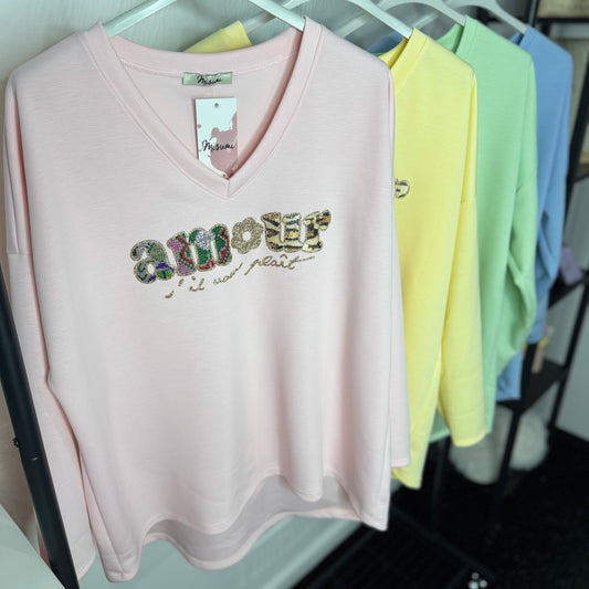 Betty - Amour Detail Oversized Sweatshirt  Womenswear Long Sleeve Vneck