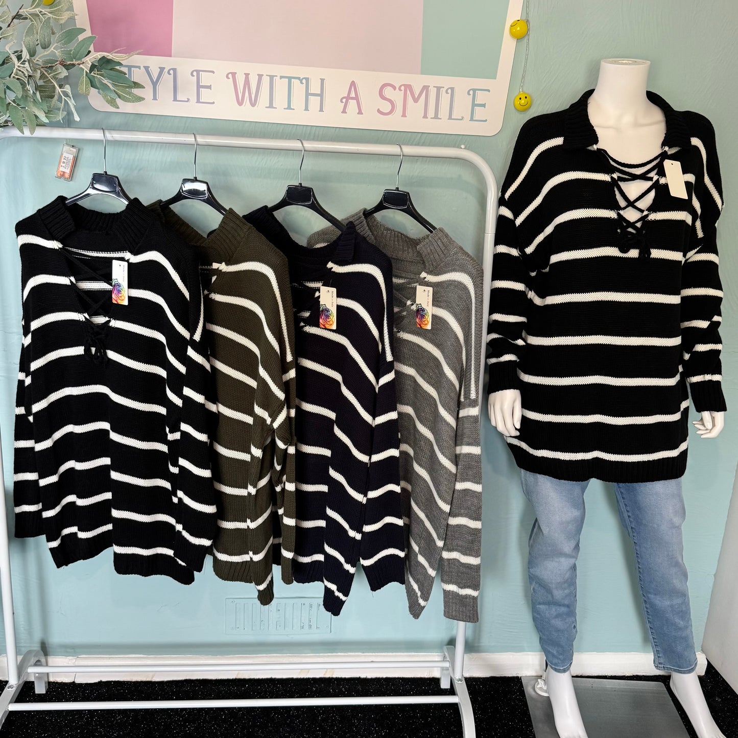 Savannah - Oversized Collar Striped Knitted Jumper - one size up to a UK 20.