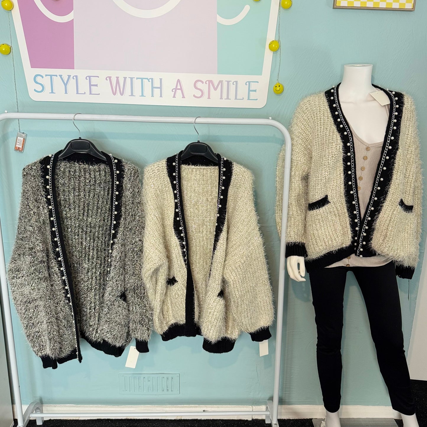 Buffy - Premium - Lurex Fuzzy Knit Pearl Cardigan -  Womenswear Long Sleeve