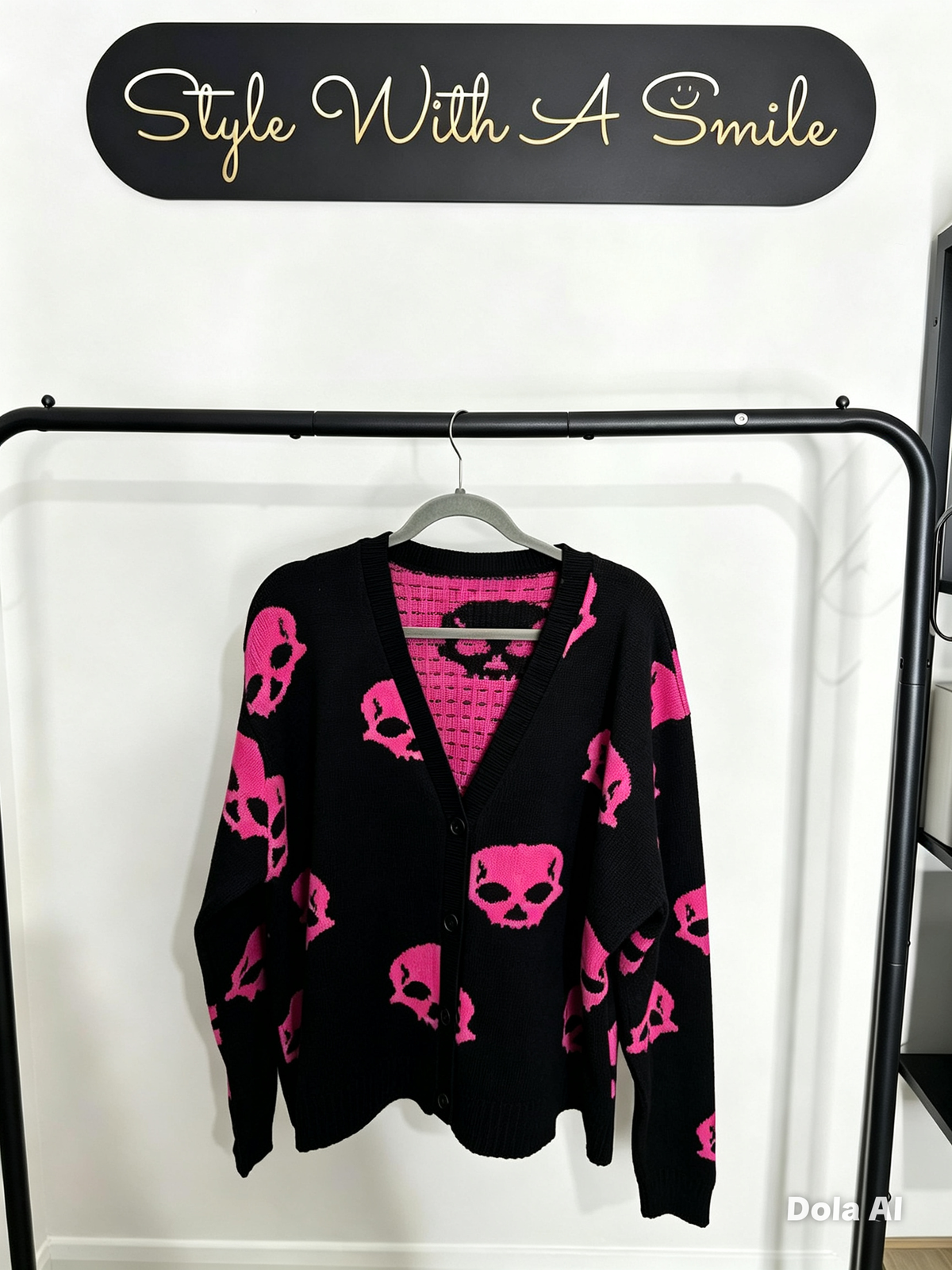 Cleo - Black & Pink Skull Buttoned Cardigan