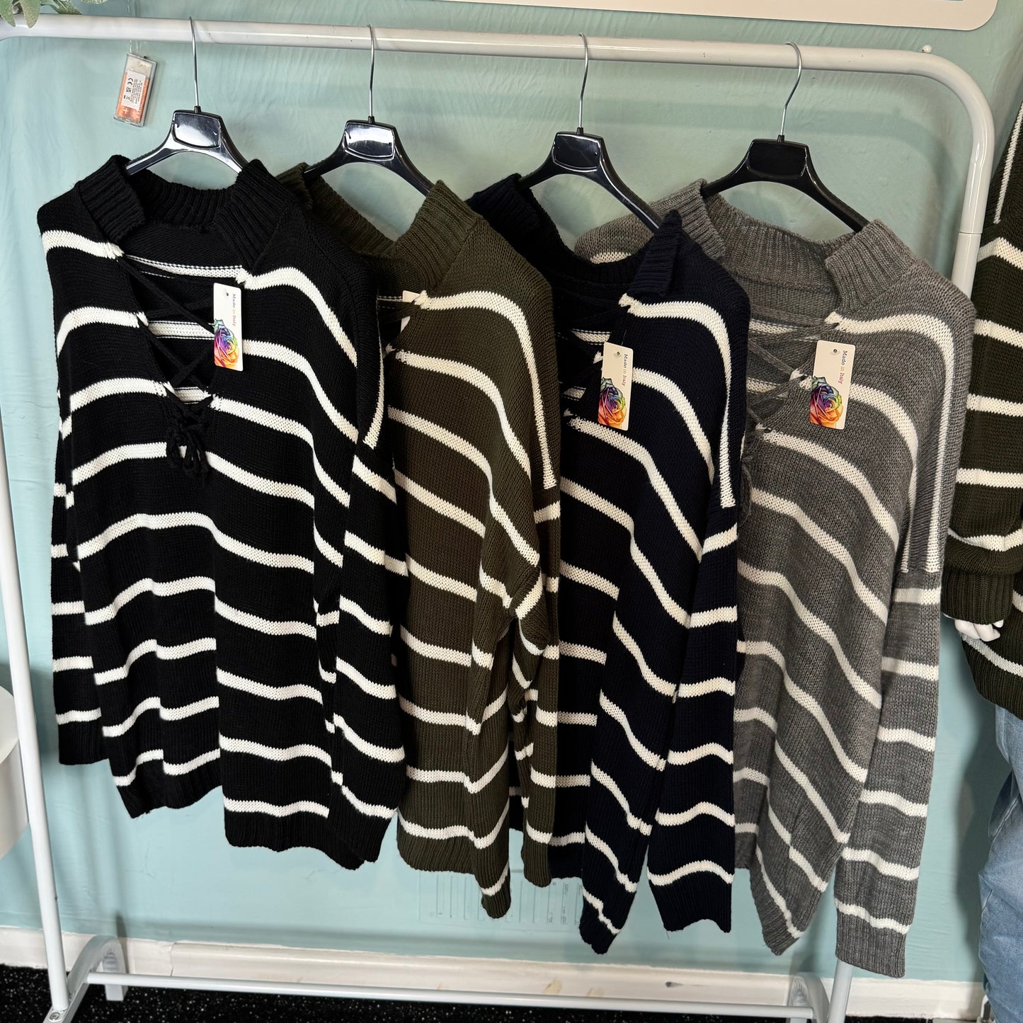 Savannah - Oversized Collar Striped Knitted Jumper - one size up to a UK 20.