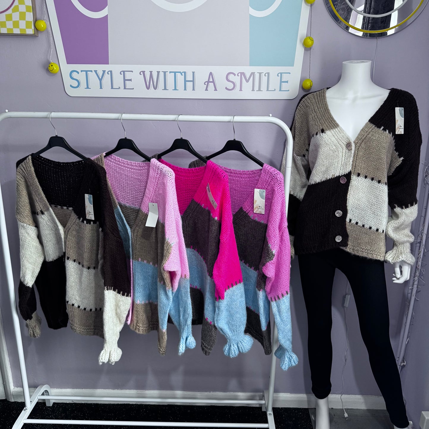 Grace - Colour Block Cuffed Frill Sleeve Gold Button Cardigan